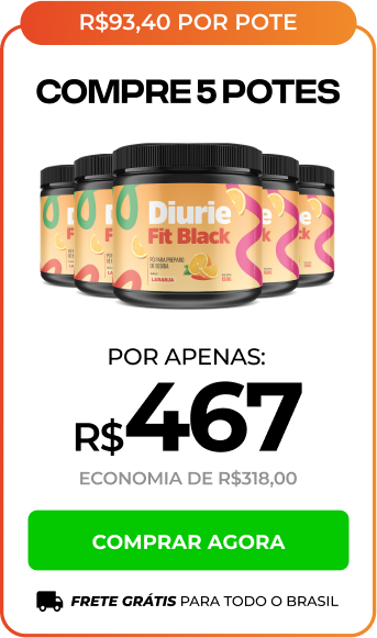 Imagem mostrando cinco potes de DiureFit Black com valor de R$ 467,00  - R$ 93,40 por pote