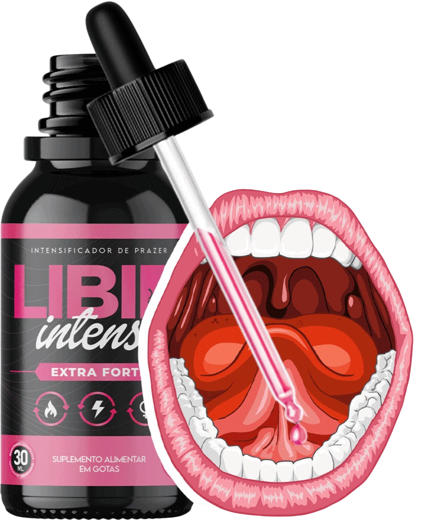 Imagem demonstrando o uso do Libid Intense - Um frasco do Libid Intense, um conta gotas e uma boca aberta