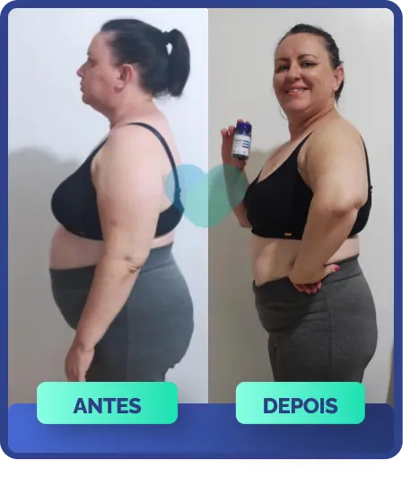 OzenVitta - Imagem dividida mostrando o antes e depois de uma mulher segurando um pote de OzenVitta. Na primeira parte da imagem ela aparece acima do peso e na outra parte, percebesse que houve uma perde de peso e gordura