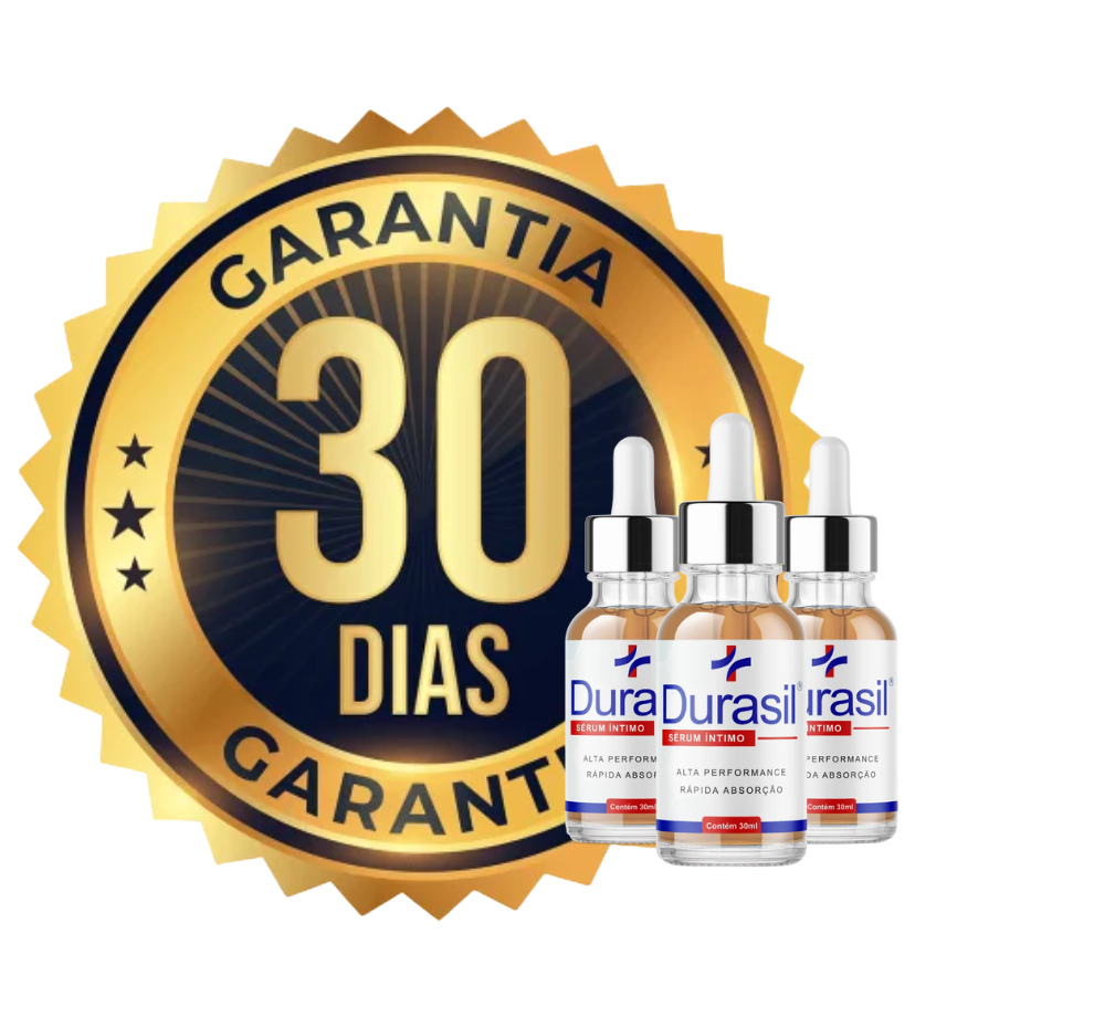 Imagem de três frascos de Durasil ao lado de um selo de garantia de 30 dias