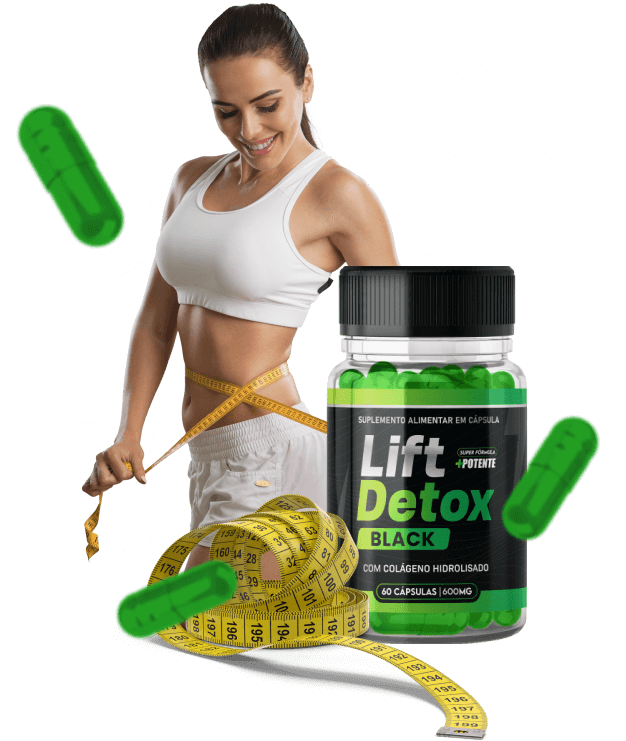Um pote de Lift Detox Black junto de uma mulher em forma e uma fita métrica