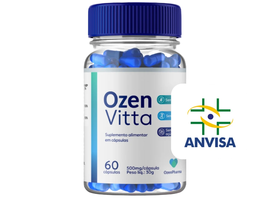Imagem de um pote de OzenVitta ao lado de um selo com a logotipo da Anvisa