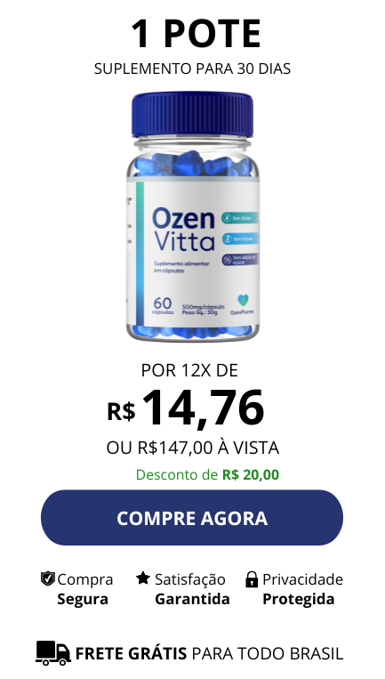 Imagem mostrando um pote de OzenVitta com valor de R$ 147,00 ou 12x de R$ 14,76