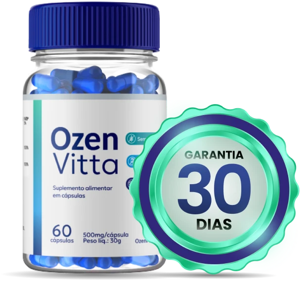 Imagem de um pote de OzenVitta ao lado de um selo de garantia de 30 dias