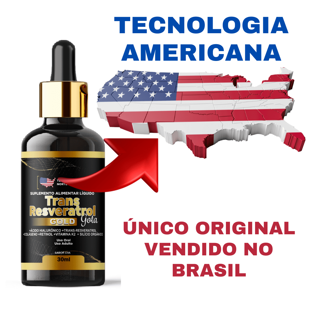 Imagem de um frasco de Trans Resveratrol Gotas ao lado de uma bandeira dos EUA, mostrando que é tecnologia americana