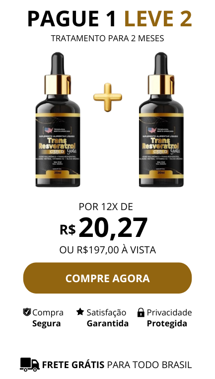Imagem mostrando dois frascos de Trans Resveratrol Gotas com valor de R$ 197,00 ou 12x de R$ 20,27 - Pague 1 leve 2