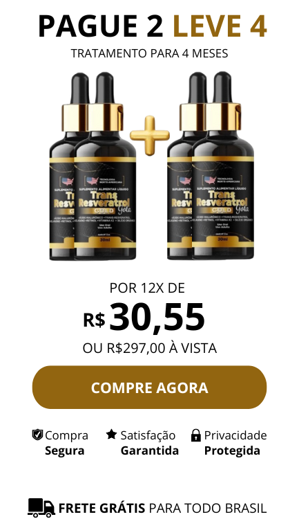 Imagem mostrando três frascos de Trans Resveratrol Gotas com valor de R$ 297,00 ou 12x de R$ 30,55 - Pague 2 leve 4