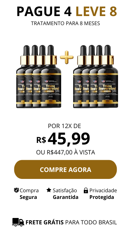 Imagem mostrando três frascos de Trans Resveratrol Gotas com valor de R$ 447,00 ou 12x de R$ 45,99 - Pague 4 leve 8
