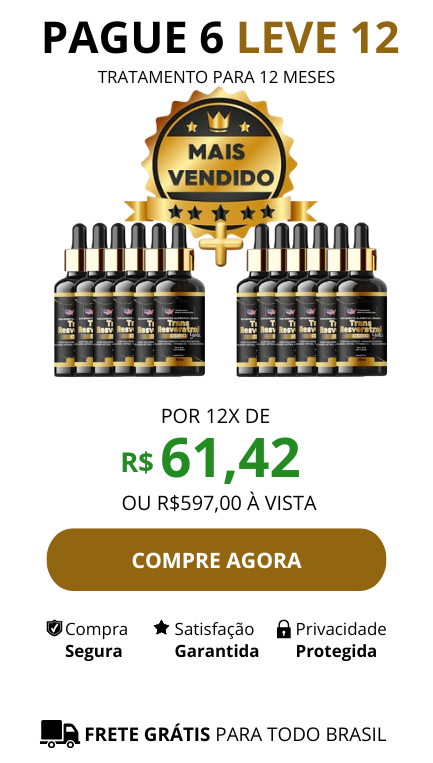 Imagem mostrando três frascos de Trans Resveratrol Gotas com valor de R$ 597,00 ou 12x de R$ 61,42 - Pague 6 leve 12