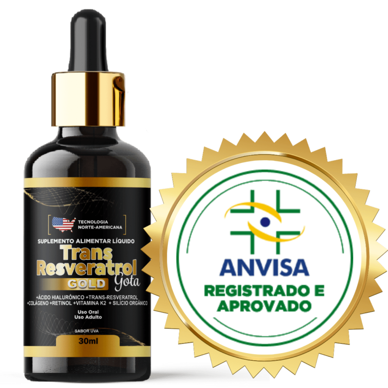 Imagem de um frasco de Trans Resveratrol Gotas ao lado de um selo da Anvisa