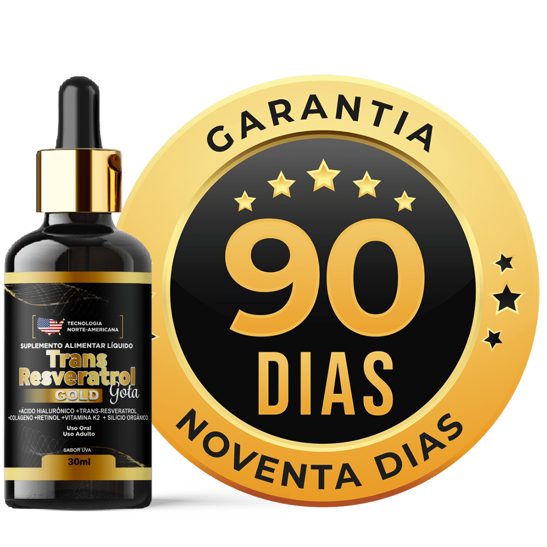 Imagem de um frasco de Trans Resveratrol Gotas ao lado de um selo de garantia de 90 dias