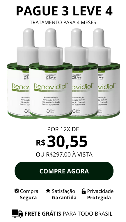 Imagem mostrando quatro frascos de Renavidiol com valor de R$ 297,00 ou 12x de R$ 30,55 - Pague 3 leve 4