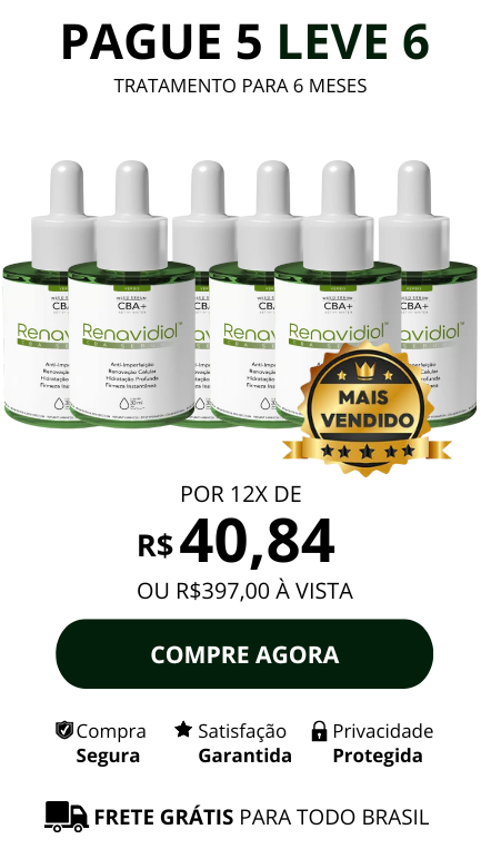 Imagem mostrando seies frascos de Renavidiol com valor de R$ 397,00 ou 12x de R$ 40,84 - Pague 5 leve 6
